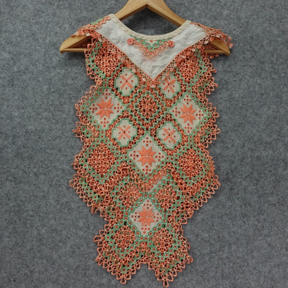 Handmade Crochet Lace Bib Top XS Coral Mint Embroidered Art Cottagecore Festival
